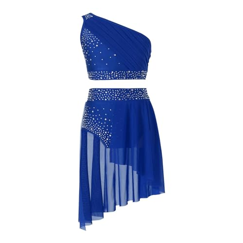 Eiskunstlauf Kleid Damen Lyrisches Tanz-Outfit for Kinder, Mädchen, Eislauf-Kostüm, Bühnenaufführungs-Sets, mit Strasssteinen gerüschtes, durchsichtiges Mesh-Crop-Top mit Slips mit Rock(Blue,16) von HONGYEMY