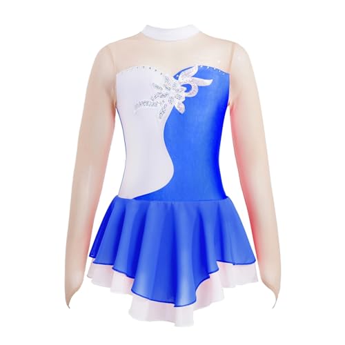 HONGYEMY Eiskunstlauf Kleid Damen Eiskunstlauf-Kleid mit Blumenmuster, for Kinder, Mädchen, Pailletten, langärmelig, Gymnastikanzug, Tanzkleidung for Tanzwettbewerb, Kostüm(Blue,8) von HONGYEMY