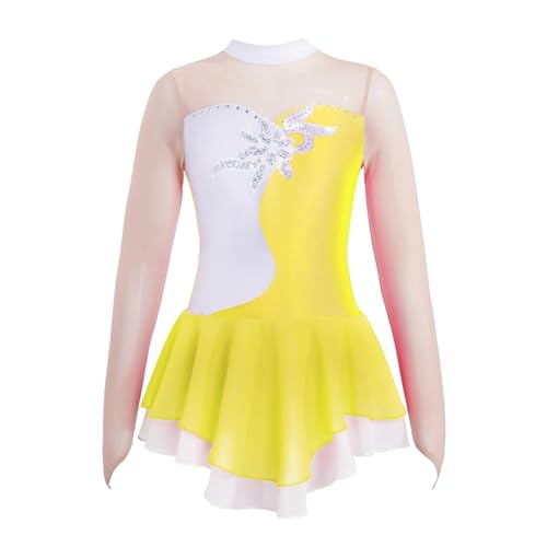 HONGYEMY Eiskunstlauf Kleid Damen Eiskunstlauf-Kleid mit Blumenmuster, for Kinder, Mädchen, Pailletten, langärmelig, Gymnastikanzug, Tanzkleidung for Tanzwettbewerb, Kostüm(Yellow,8) von HONGYEMY