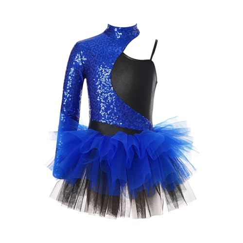 HONGYEMY Eiskunstlauf Kleid Damen Kinder Mädchen Glänzende Pailletten Kleid Asymmetrische Ärmel Tüll Rock Gymnastik Trikot Teenager Dancewear Kinder Jazz Dance Kostüme(Blue,12) von HONGYEMY