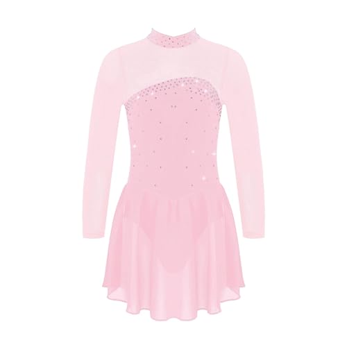 HONGYEMY Eiskunstlauf Kleid Damen Kinder Mädchen Glänzende Strass Lange Ärmel Schlüsselloch Zurück Tanzen Trikot Kleid Kinder EIS Roller Eiskunstlauf Kleid Tanz kostüm(Pink,8) von HONGYEMY