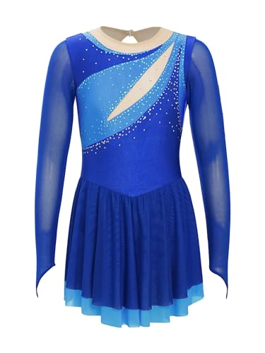 HONGYEMY Eiskunstlauf Kleid Damen Kinder Mädchen Glitzernde Strass Eiskunstlauf Kleider Farbblock Ballett Tanz Trikot Kleid Sheer Mesh Langarm Dancewear(Blue,14) von HONGYEMY