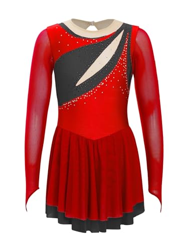 HONGYEMY Eiskunstlauf Kleid Damen Kinder Mädchen Glitzernde Strass Eiskunstlauf Kleider Farbblock Ballett Tanz Trikot Kleid Sheer Mesh Langarm Dancewear(Red,6) von HONGYEMY