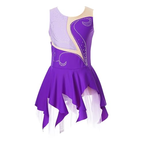 HONGYEMY Eiskunstlauf Kleid Damen Kinder Mädchen Strass Eiskunstlauf Kleid Kinder Ärmelloses Ballett Kleid Gymnastik Trikot for Tanzwettbewerb(Purple,10) von HONGYEMY