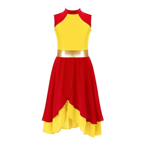 HONGYEMY Eiskunstlauf Kleid Damen Lyrisches Tanzkleid for Kinder, Farbblock-Ballettkleid for Kinder, ärmellos, Lobpreis, Ballsaal-Tanzkostüm, Performance-Tanzkleidung(Red Yellow,16) von HONGYEMY