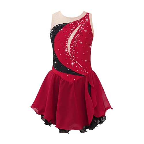 HONGYEMY Eiskunstlauf Kleid Damen Mädchen Eislaufen Kostüm Kinder Eiskunstlauf Kleid Ärmelloses Strass Patchwork Ballett Gymnastik Tanz Trikot Kleid(Burgundy,8) von HONGYEMY