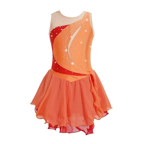 HONGYEMY Eiskunstlauf Kleid Damen Mädchen Eislaufen Kostüm Kinder Eiskunstlauf Kleid Ärmelloses Strass Patchwork Ballett Gymnastik Tanz Trikot Kleid(Orange,16) von HONGYEMY