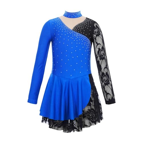 HONGYEMY Eiskunstlauf Kleid Damen Mädchen Gymnastik Trikot Ballerina Tutu Kinder Eiskunstlauf Kostüm Strass Langarm Spitze Ballett Lyrical Tanzkleid(Blue,10) von HONGYEMY