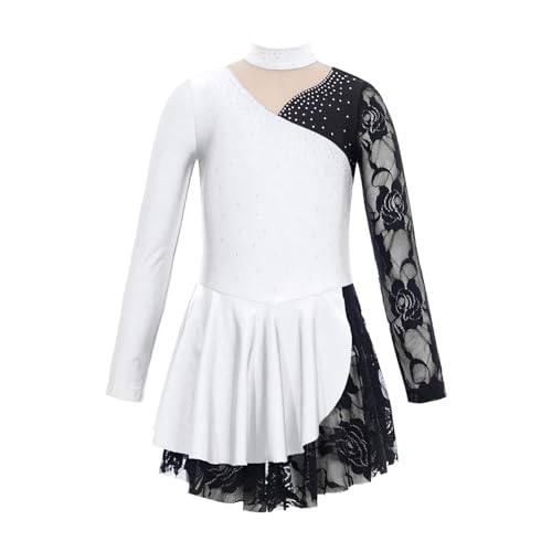 HONGYEMY Eiskunstlauf Kleid Damen Mädchen Gymnastik Trikot Ballerina Tutu Kinder Eiskunstlauf Kostüm Strass Langarm Spitze Ballett Lyrical Tanzkleid(White,8) von HONGYEMY