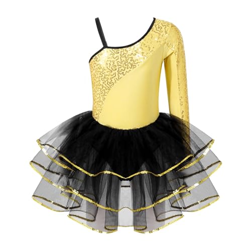 HONGYEMY Eiskunstlauf Kleid Damen Mädchen Pailletten Gymnastik Trikot Kleid Kinder Tanzen Kostüm Mesh Langarm Eiskunstlauf Kleid Leistung Dancewear(Gold B,12) von HONGYEMY