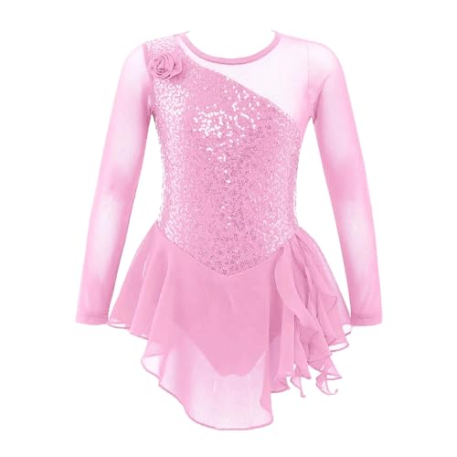 HONGYEMY Eiskunstlauf Kleid Damen Mädchen Pailletten Gymnastik Trikot Kleid Kinder Tanzen Kostüm Mesh Langarm Eiskunstlauf Kleid Leistung Dancewear(Pink A,6) von HONGYEMY