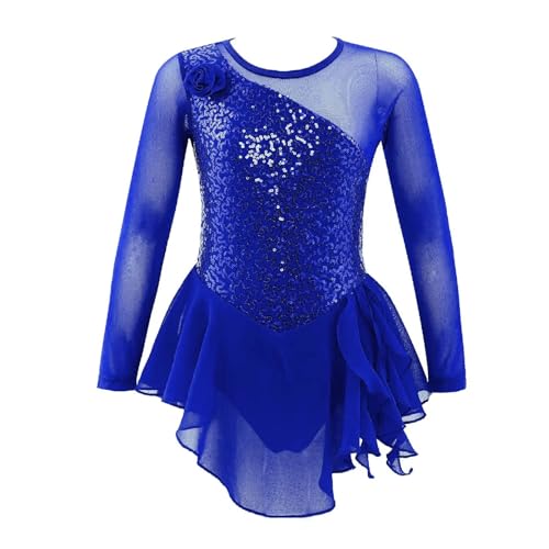 HONGYEMY Eiskunstlauf Kleid Damen Mädchen Pailletten Gymnastik Trikot Kleid Kinder Tanzen Kostüm Mesh Langarm Eiskunstlauf Kleid Leistung Dancewear(Royal Blue A,8) von HONGYEMY