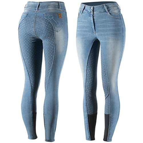 HORZE Damen Reithose Kaia, High Waist Jeansreithose mit Silikonvollbesatz, Blau, 40 von HORZE