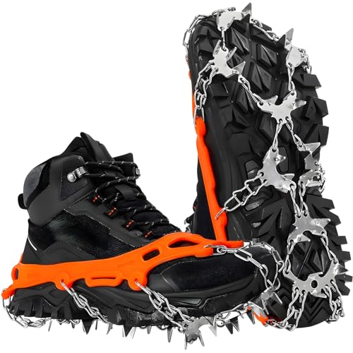 HOSLAFON Steigeisen für Schuhe, 32 Spikes, EIS- und Schneegriffe, Edelstahl-Traktionsstollen zum Gehen, Joggen, Klettern und Wandern von HOSLAFON