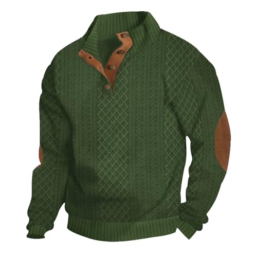 Jacquard-Strickpullover Mit Stehkragen Für Herren, Henley-Pullover Aus Gestricktem Waffelmuster, Lässiger Pullover Mit Knöpfen, Vintage-Pullover Mit Stehkragen Und Knöpfen (Grün,2XL) von HOUXIANDOU