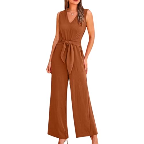 Weite Damen-Overalls Mit V-Ausschnitt, Weite Overalls Für Damen, Lässige V-Ausschnitt-Overalls Mit ärmellosem Gürtel Und Hoher Taille, Lange Strampler (Braun,L) von HOUXIANDOU