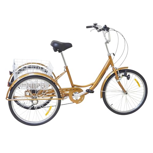 HPDTZ 24 Zoll Trike, Tricycle for Adults, 6-Gang-Fahrrad Dreirad Erwachsene mit Beleuchtung Robustes Dreirad mit Verstellbarem Lenker und Korb (Gold) von HPDTZ