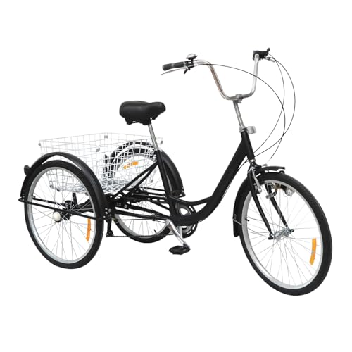 HPDTZ 24 Zoll Trike, Tricycle for Adults, 6-Gang-Fahrrad Dreirad Erwachsene mit Beleuchtung Robustes Dreirad mit Verstellbarem Lenker und Korb (Schwarz) von HPDTZ