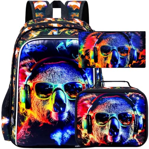 HPJGD Kinder-Rucksack für Jungen, wasserabweisend, Sonnenbrille, Koalas, Büchertaschen-Set mit Lunchbox, niedliche Schultasche für Vorschule, Kleinkinder, 3 Stück, Coole UV-Priting-Sonnenbrille von HPJGD