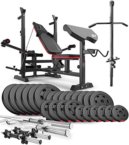 Hop-Sport Hantelbank Kraftstation HS-1075 mit Lang-, Curl- & Kurzhantel Gewichte 75kg bis 173kg + Latzug (135kg) von HS HOP-SPORT