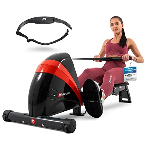 Hop-Sport Rudergerät für Zuhause Boost – Rudergerät klappbar mit kugelgelagertem Sitz, Computer & Magnetbremssystem, 10 Stufen - Rudermaschine max. Nutzergewicht 120kg + Pulsgurt (Rot) von HS HOP-SPORT