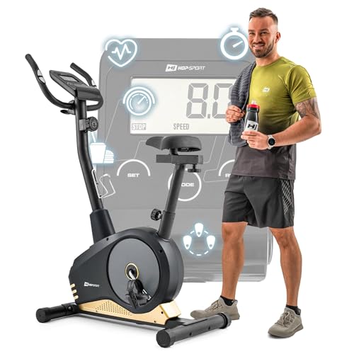 Hop-Sport Spark Heimtrainer Fahrrad - Fitnessgerät für Zuhause mit Pulssensoren & Computer, 8 Widerstandsstufen, Schwungmasse 9 kg - Fitnessbike für ein max. Nutzergewicht von 120kg Gold von HS HOP-SPORT