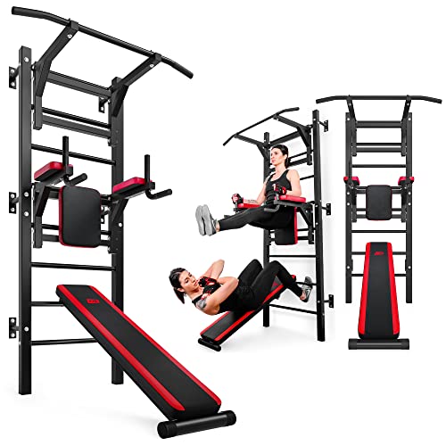 Hop-Sport Sprossenwand Turnwand HS-1008K mit Dip-Station, Klimmzugstange und Sit-Up-Bank Bauchtrainer Dip Bar von HS HOP-SPORT