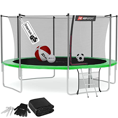 Hop-Sport Trampolin Outdoor Ø 430 cm – Gartentrampolin Komplettset mit stabilen U-Beinen, innenliegendem Netz, Sprungtuch und Leiter sowie Extra-Zubehör, grün von HS HOP-SPORT