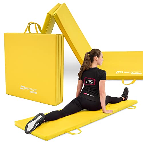 Hop-Sport Turnmatte klappbar - Bodenweichmatte für zuhause 180x60x5cm - Fitnessmatte, Gymnastikmatte mit Tragegriffen Dicke 4cm / 5cm (Gelb) von HS HOP-SPORT