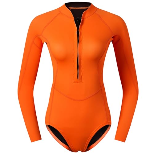 2 Mm Neopren Neoprenanzug Einteiliger Tauchanzug Langärmelige Damen Badebekleidung Mit Reißverschluss Vorne Badeanzug UV Schutzfaktor 50+ Damen Bodys,XS, Orange von HSKJTT