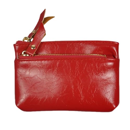 HSTWODE 1 Stück Geldbörse Damen klein Leder 13,5cm×9cm, 3 Farben Kleines Portemonnaie Mini Kurzer,Damen Geldbeutel mit Zipper Münzfach Brieftasche, Doppelter Reißverschluss Geldbörse Damen (Rot) von HSTWODE