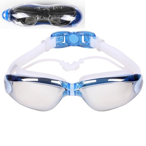 HSTWODE Optische Schwimmbrille mit Sehstärke Einteilige Schwimmbrille mit Ohrstöpsel, Dioptrien: -1,5 bis -8,0,Anti-Beschlag-UV-Schutz，Kostenlose schöne Box (Blau, Plattiert) von HSTWODE
