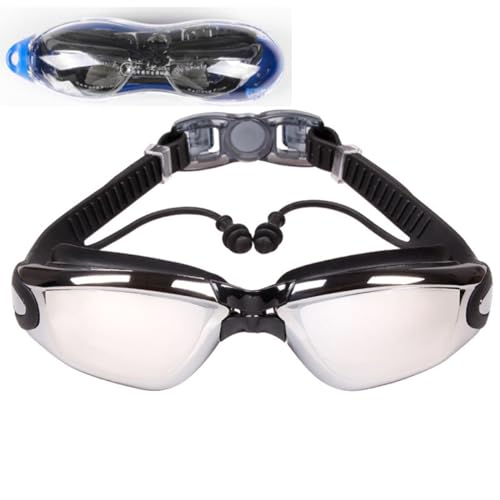 HSTWODE Optische Schwimmbrille mit Sehstärke Einteilige Schwimmbrille mit Ohrstöpsel, Dioptrien: -1,5 bis -8,0,Anti-Beschlag-UV-Schutz，Kostenlose schöne Box (Schwarz, Plattiert -5) von HSTWODE