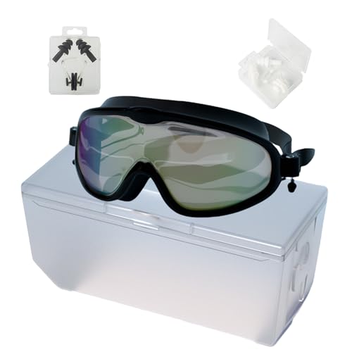 HSTWODE schwimmbrille mit sehstärke 180° Panorama Schwimmbrille,Brillenetui, 2 Sätze Nasenklammer-Ohrstöpsel,Erwachsene Anti-Beschlag UV-Schutz Schwimmbrille (Schwarz Farbige Beschichtung, -3.0) von HSTWODE