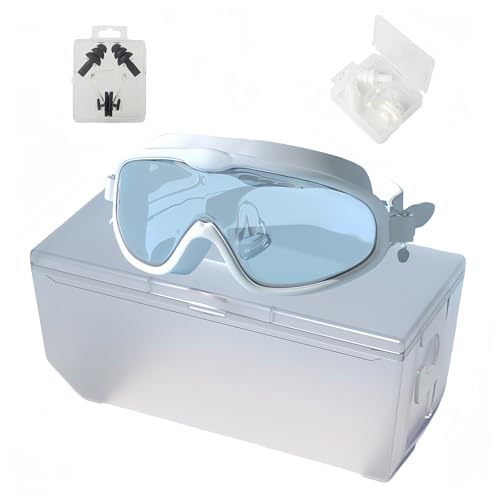 HSTWODE schwimmbrille mit sehstärke 180° Panorama Schwimmbrille,Brillenetui, 2 Sätze Nasenklammer-Ohrstöpsel,Erwachsene Anti-Beschlag UV-Schutz Schwimmbrille (Weiß Hochtransparent, -2.0) von HSTWODE