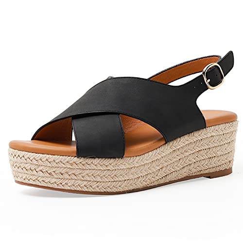 Keilsandalen Für Damen,2022 Sommer Frauen Wandernsandalen Beach Peeptoe,Flache Sandalen,Schwarz,39 von HTDZDX