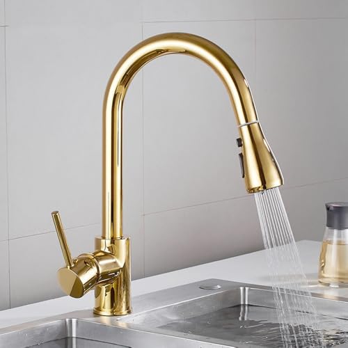 HTPLNME Ausziehbarer Küchenmischhahn, Gold, Küchenspülenhahn, 360 ° Drehung, heißes und kaltes Wasser, Messing, Küchenhahn-Gold Fashionable von HTPLNME