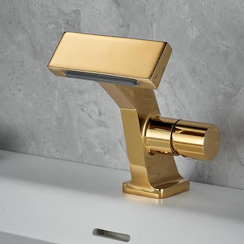 HTPLNME Badezimmer Waschbecken Wasserfall Wasserhähne Mischbatterie Messing Einhebel Heiß und Kalt Badezimmer Waschbecken Mischbatterie Einloch Gold Fashionable von HTPLNME