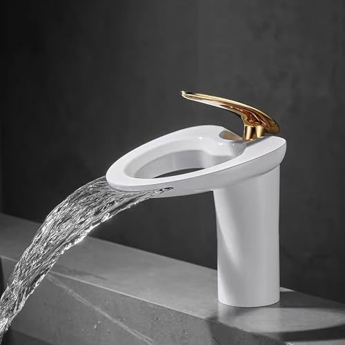 HTPLNME Wasserfall-Wasserhähne für Badezimmerwaschbecken, Einhebelmischer, Warm- und Kaltwassermischer aus Messing, Einlochwaschtischarmatur, Weiß + Gold, Niedrig Fashionable von HTPLNME