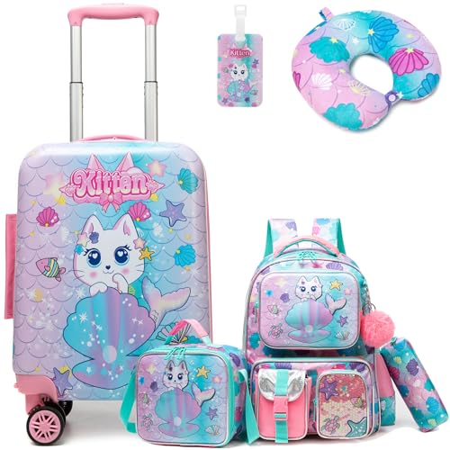5 teiliges Kinderkoffer, Kindertrolley mit Rucksack, Nackenkissen, Lunchtasche, Federtasche & Kofferanhänger, Kindergepäck mit Rollen, Handgepäck Reisekoffer Hartschalenkoffer für Mädchen 5 teiliges Kinderkoffer, Kindertrolley mit Rucksack, Nackenkissen, Lunchtasche, Federtasche & Kofferanhänger, Kindergepäck mit Rollen, Handgepäck Reisekoffer Hartschalenkoffer für Mädchen von HTgroce