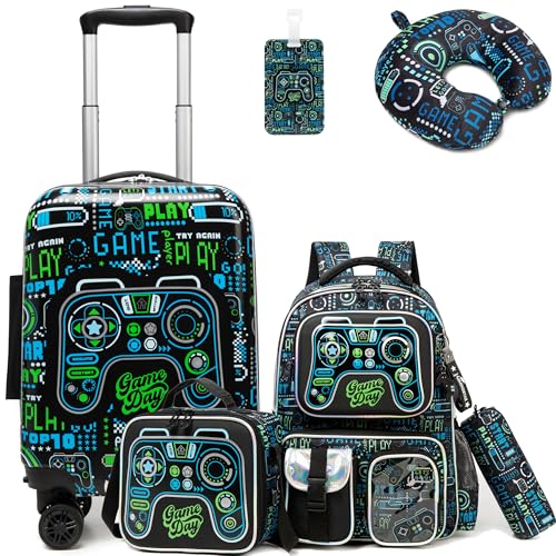 HTgroce 5tlg Kinderkoffer Set, Kinder Reisekoffer mit Sporttasche Kinder, Kofferanhänger, Nackenkissen, Reisetrolley mit Rollen für Kinder Hartschalenkoffer für Jungen HTgroce 5tlg Kinderkoffer Set, Kinder Reisekoffer mit Sporttasche Kinder, Kofferanhänger, Nackenkissen, Reisetrolley mit Rollen für Kinder Hartschalenkoffer für Jungen von HTgroce