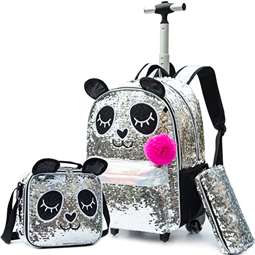 HTgroce Trolley Rucksack Kinder Mädchen,Panda Kinder Trolley Schultasche mit Rollen Rucksack Schultrolley 16inch Rucksäcke Kinder Schulrucksack Schulranzen mit Rollen Schultasche Mädchen. von HTgroce