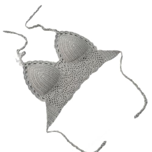 HUANGENG Gehäkeltes Neckholder-Badeanzug-Oberteil für Damen, gehäkeltes Crop-Top, gepolstertes Oberteil, verstellbare Rückenbindung von HUANGENG