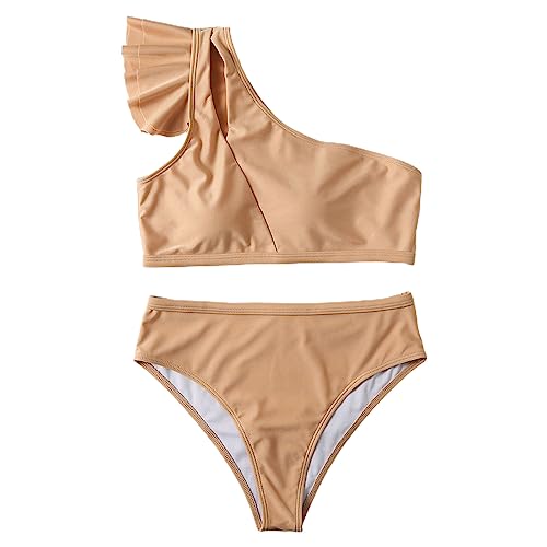 HUANGENG Rückenfreier Damen-Badeanzug, breite Träger, bequem, modisch, einfarbig, Schulter-Bikinis-Set, Bademode, Rüschenträger von HUANGENG