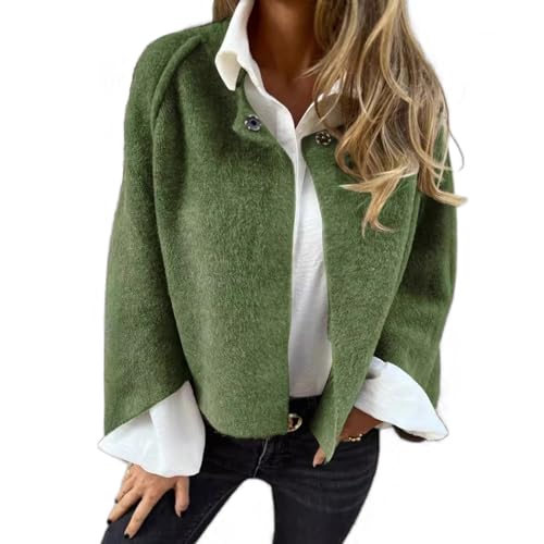 Damenmode solide Farbe kurzen Mantel, Winter abgeschnitten Wollmischung Blazer Jacke, lässig offen vorne Strickjacke Jacken Oberbekleidung (Grün,M) von HUANZHI