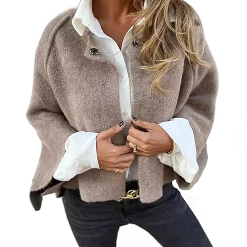 Damenmode solide Farbe kurzen Mantel, Winter abgeschnitten Wollmischung Blazer Jacke, lässig offen vorne Strickjacke Jacken Oberbekleidung (Khaki,3XL) von HUANZHI