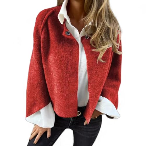 Damenmode solide Farbe kurzen Mantel, Winter abgeschnitten Wollmischung Blazer Jacke, lässig offen vorne Strickjacke Jacken Oberbekleidung (Rot,L) von HUANZHI