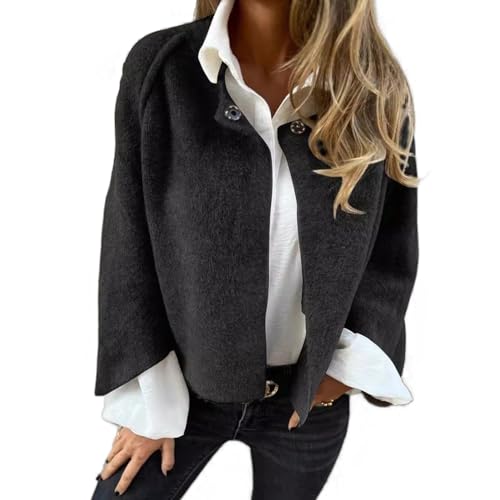 Damenmode solide Farbe kurzen Mantel, Winter abgeschnitten Wollmischung Blazer Jacke, lässig offen vorne Strickjacke Jacken Oberbekleidung (Schwarz,XL) von HUANZHI