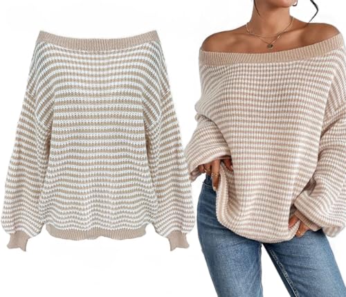 Gestreifter Drop Shoulder Pullover für Frauen, Gestreifter Off-The-Shoulder Pullover Pullover, Batwing Ärmel Lose Pullover Pullover Tops, Mode Gestreifte Langarm Pullover (Aprikose,L) von HUANZHI