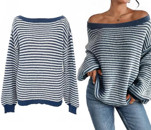 Gestreifter Drop Shoulder Pullover für Frauen, Gestreifter Off-The-Shoulder Pullover Pullover, Batwing Ärmel Lose Pullover Pullover Tops, Mode Gestreifte Langarm Pullover (Blau,M) von HUANZHI